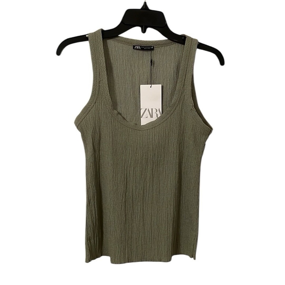 Zara  Women's Olive Green Crinkle Strap‎ Tank Top Size M